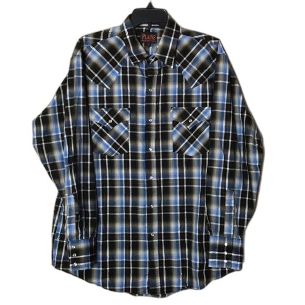 Vtg plains western wear pearl snap checkered button long sleeve shirt size large